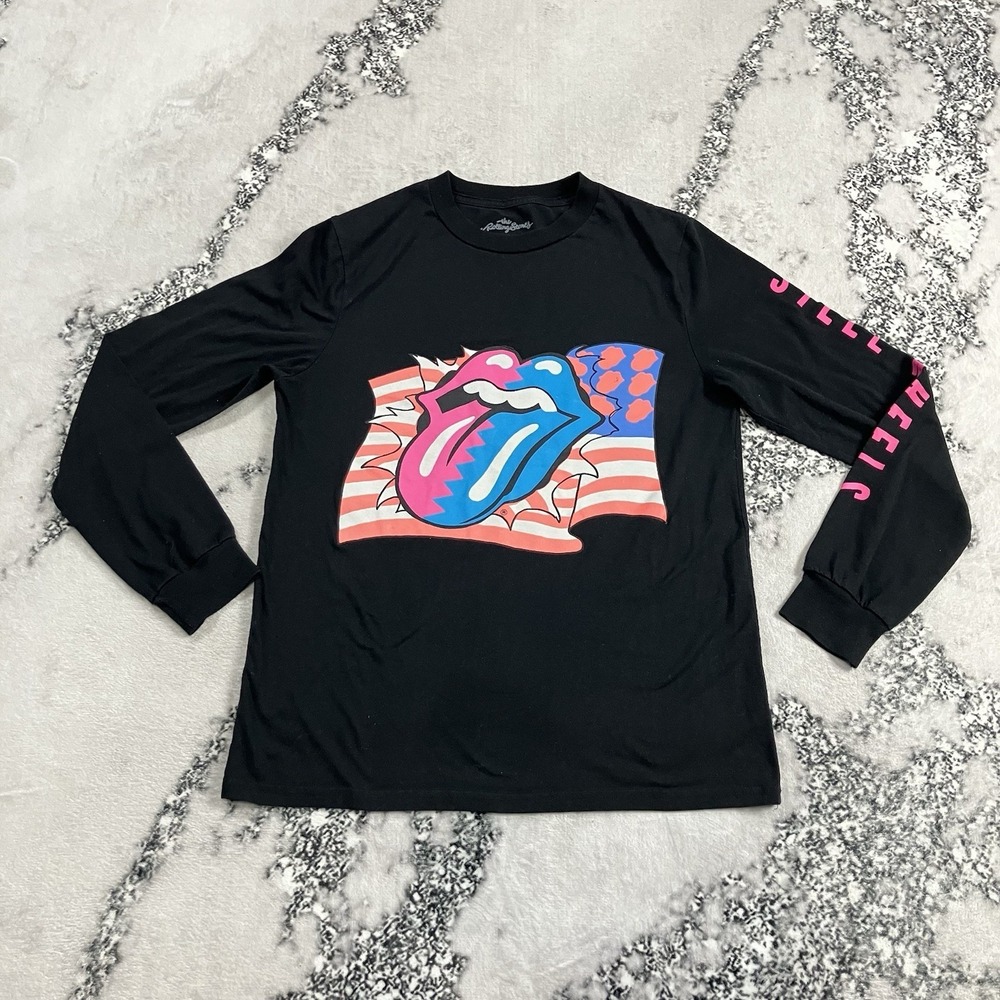 Rolling Stones Graphic Long Sleeve Tee Shirt Womens Size Small Black Band Rock